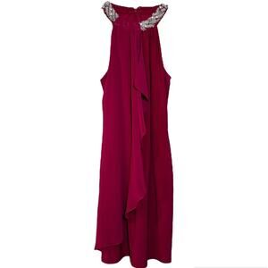 Cache Cocktail Dress Sleeveless Beaded Neck Ruffle Over Lay Fuschia Pink 4